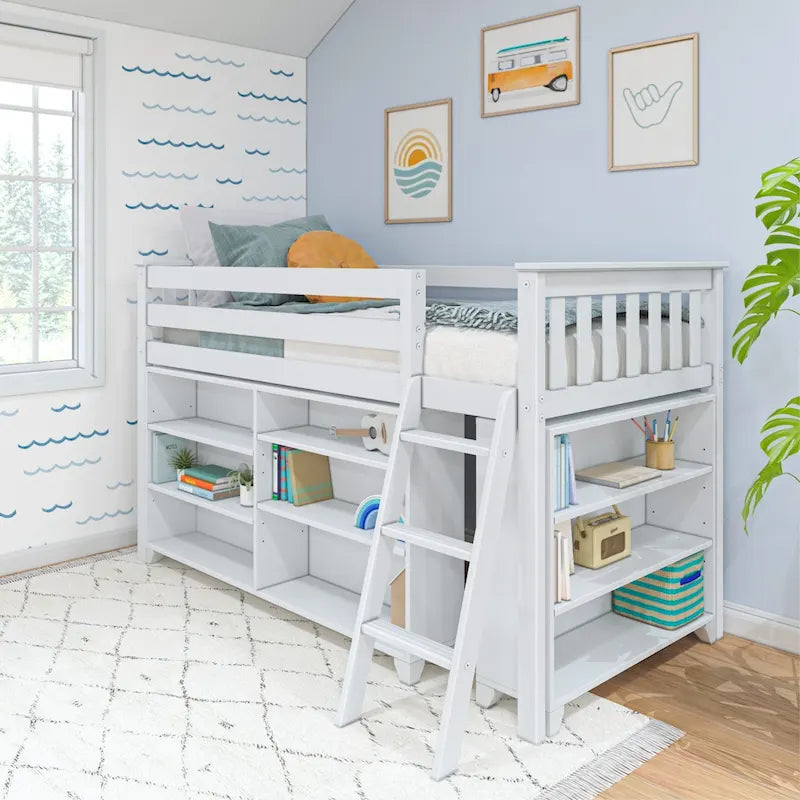 Twin-Size Low Loft Bed with Rolling Desk, Blackboard and Bookshelf