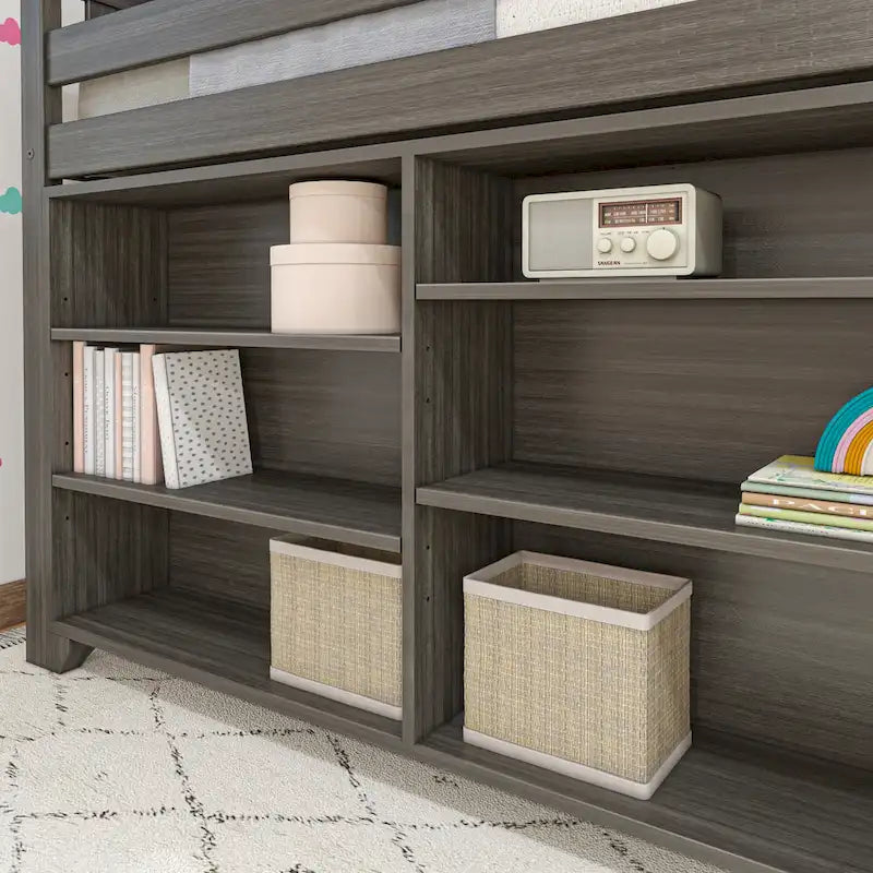 Twin-Size Low Loft Bed with Rolling Desk, Blackboard and Bookshelf