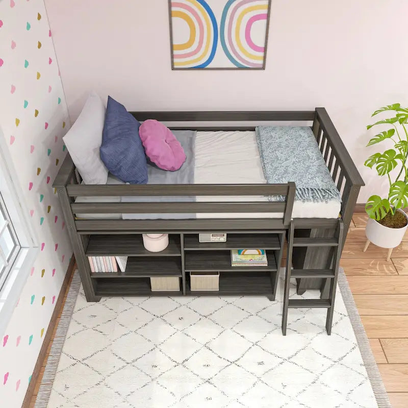 Twin-Size Low Loft Bed with Rolling Desk, Blackboard and Bookshelf