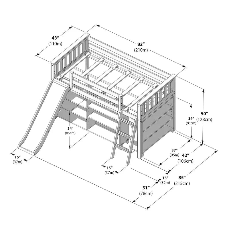 Twin-Size Low Loft Bed with Rolling Desk, Blackboard and Bookshelf