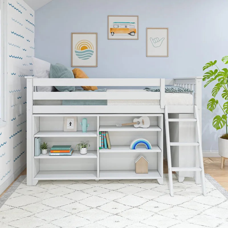 Twin-Size Low Loft Bed with Rolling Desk, Blackboard and Bookshelf