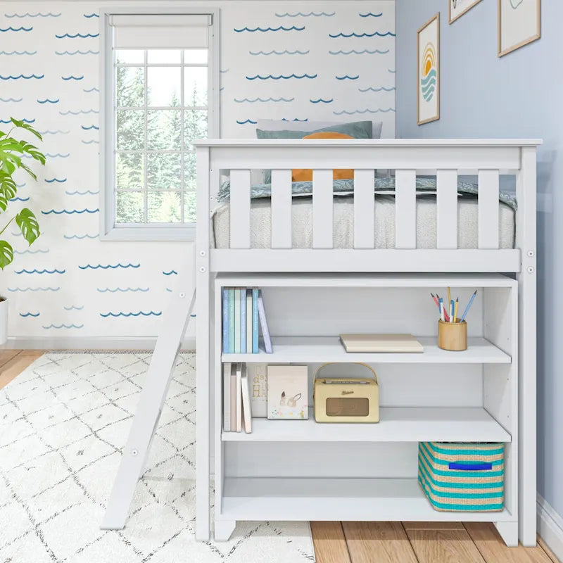 Twin-Size Low Loft Bed with Rolling Desk, Blackboard and Bookshelf