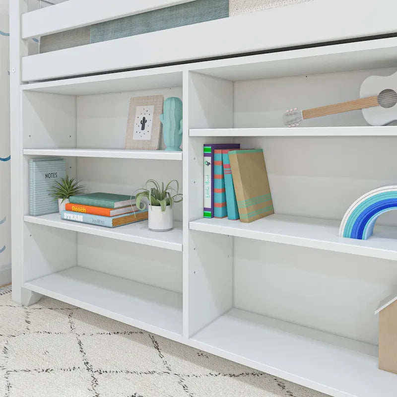 Twin-Size Low Loft Bed with Rolling Desk, Blackboard and Bookshelf