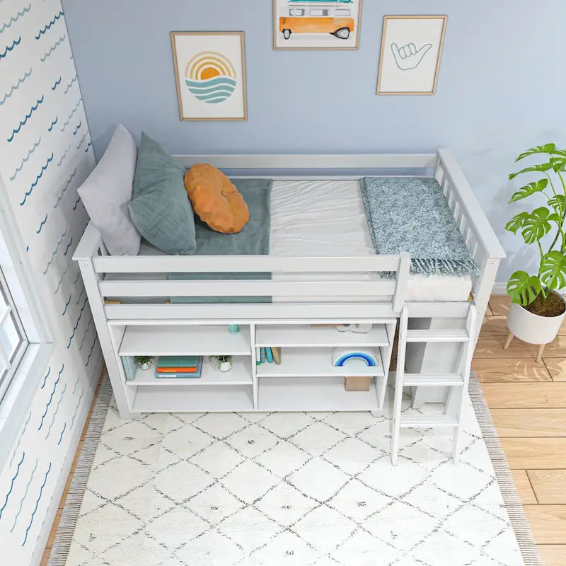 Twin-Size Low Loft Bed with Rolling Desk, Blackboard and Bookshelf