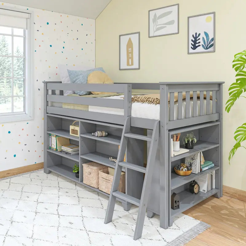 Twin-Size Low Loft Bed with Rolling Desk, Blackboard and Bookshelf
