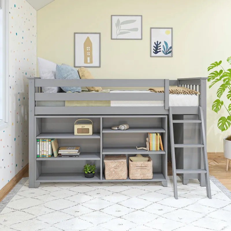 Twin-Size Low Loft Bed with Rolling Desk, Blackboard and Bookshelf