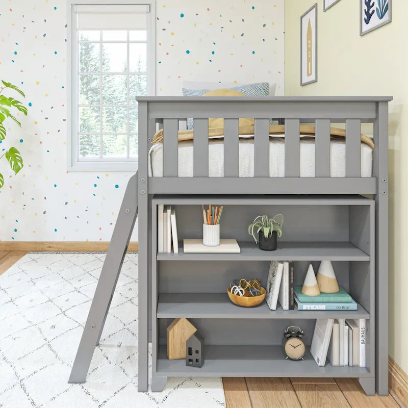 Twin-Size Low Loft Bed with Rolling Desk, Blackboard and Bookshelf