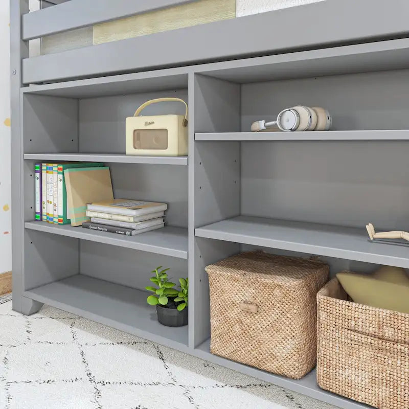 Twin-Size Low Loft Bed with Rolling Desk, Blackboard and Bookshelf