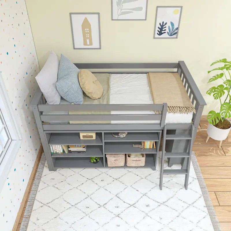 Twin-Size Low Loft Bed with Rolling Desk, Blackboard and Bookshelf