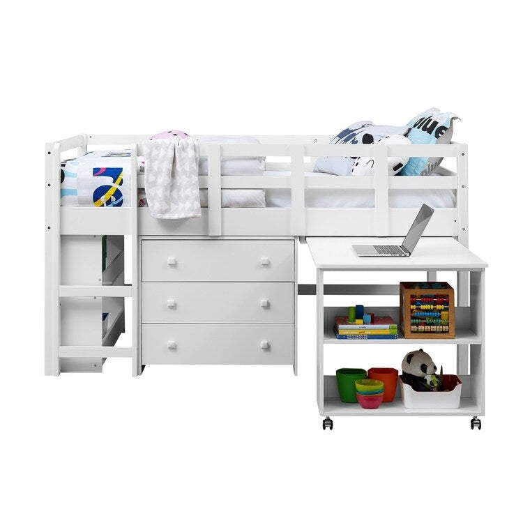 Twin Size Low Loft Bed with Desk and Storage Cabinet
