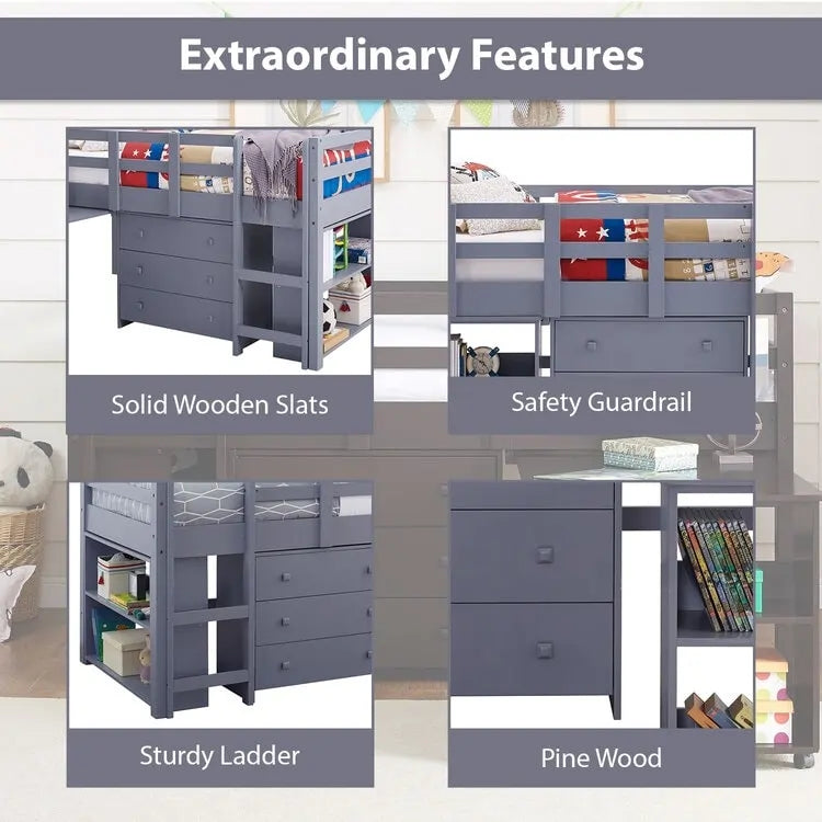 Twin Size Low Loft Bed with Desk and Storage Cabinet