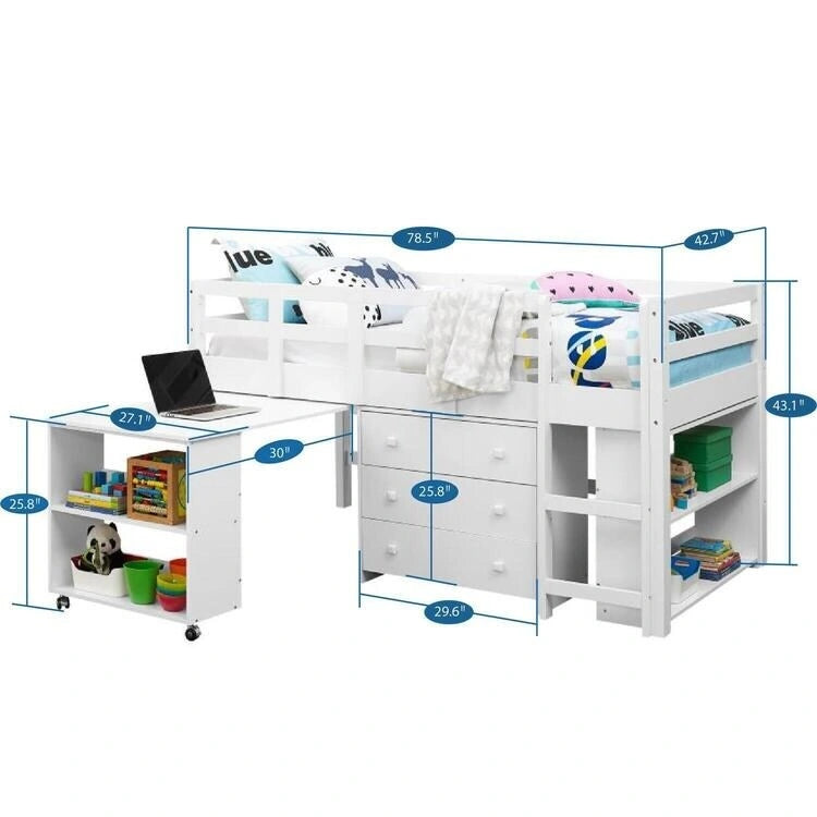 Twin Size Low Loft Bed with Desk and Storage Cabinet