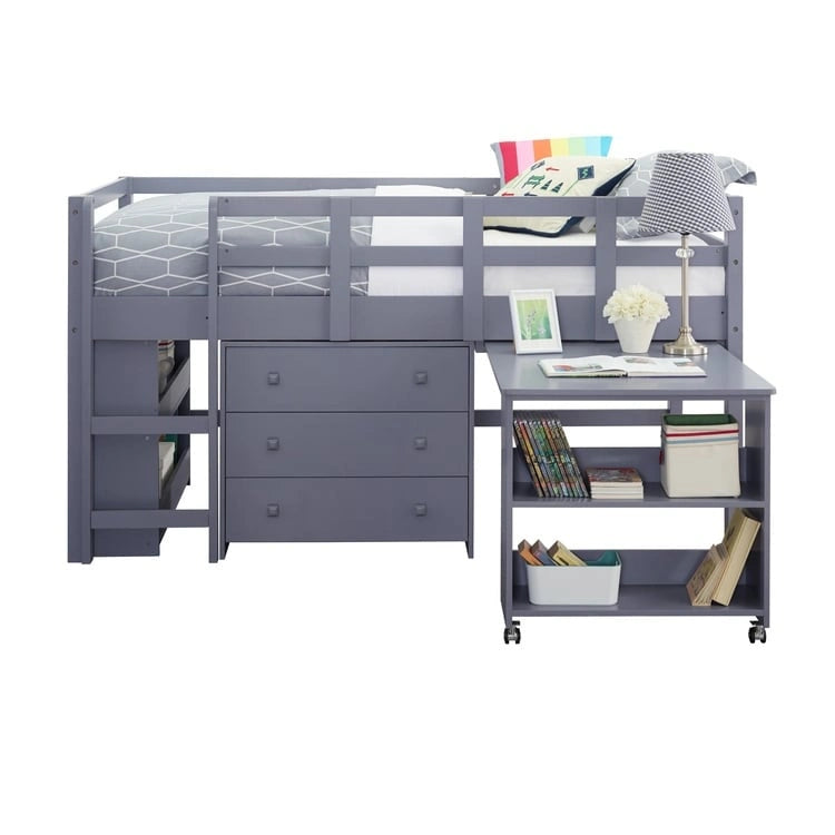 Twin Size Low Loft Bed with Desk and Storage Cabinet