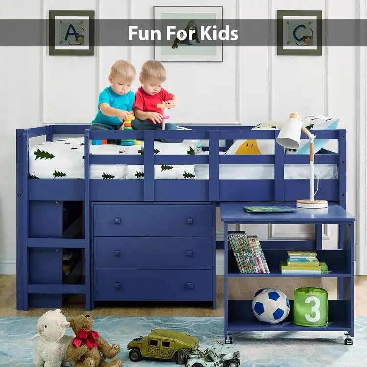 Twin Size Low Loft Bed with Desk and Storage Cabinet