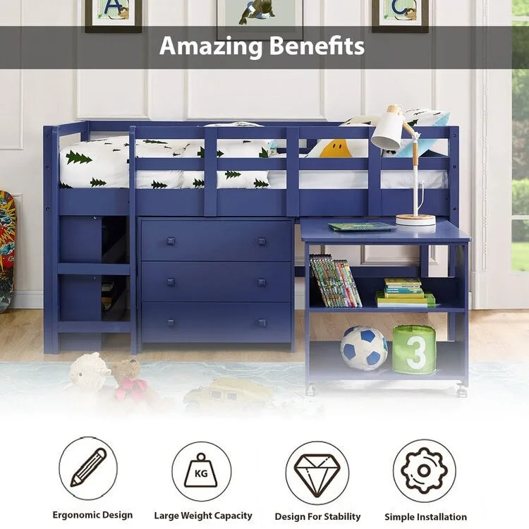 Twin Size Low Loft Bed with Desk and Storage Cabinet