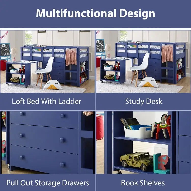 Twin Size Low Loft Bed with Desk and Storage Cabinet