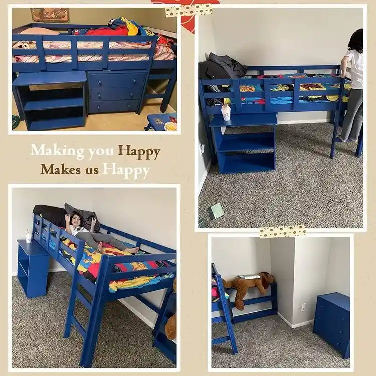 Twin Size Low Loft Bed with Desk and Storage Cabinet