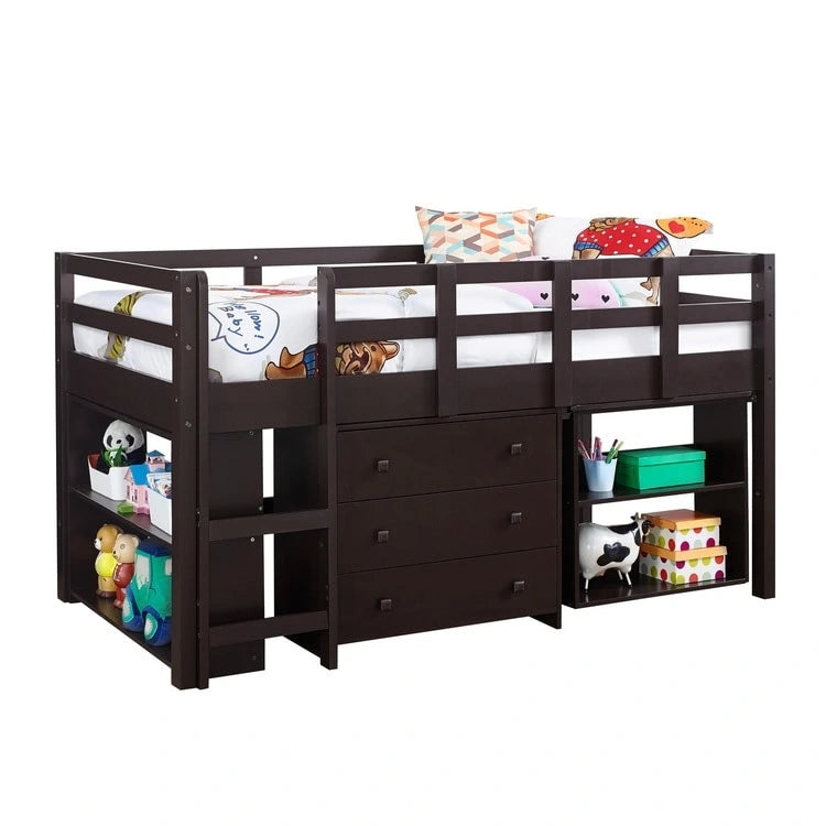 Twin Size Low Loft Bed with Desk and Storage Cabinet