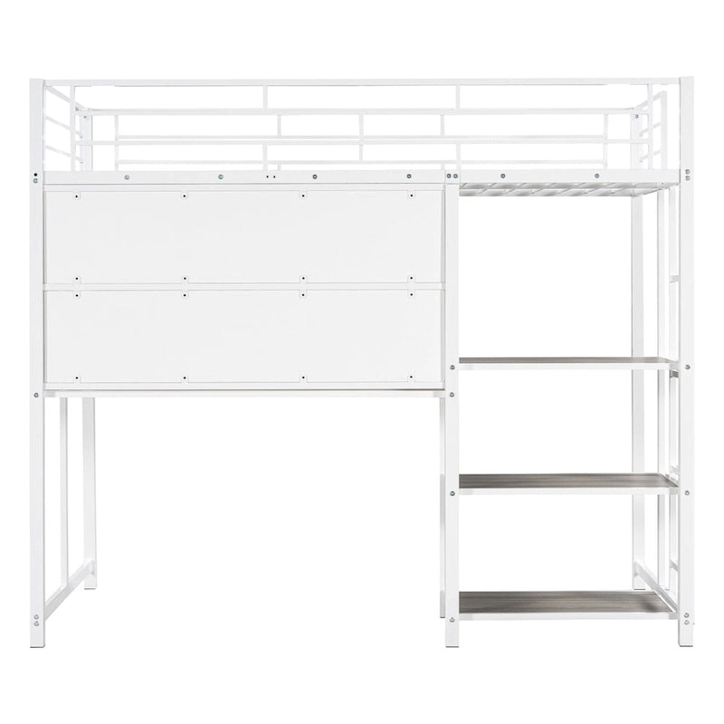 Metal Loft Bed with 3 Shelves and Ladder