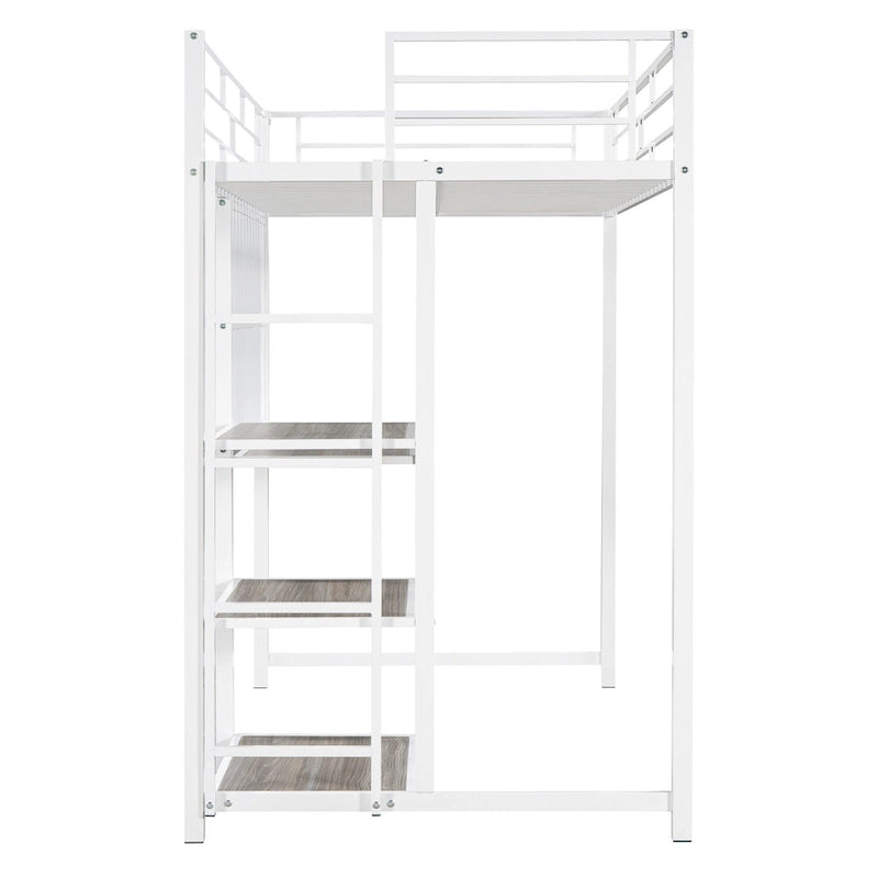 Metal Loft Bed with 3 Shelves and Ladder