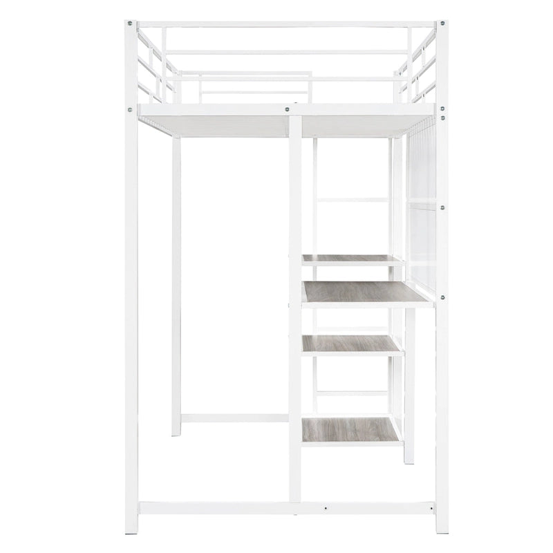 Metal Loft Bed with 3 Shelves and Ladder