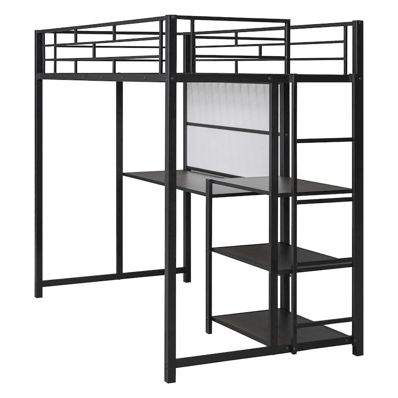 Metal Loft Bed with 3 Shelves and Ladder