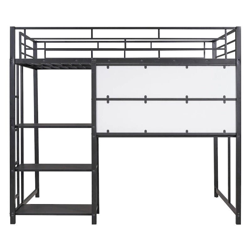 Metal Loft Bed with 3 Shelves and Ladder