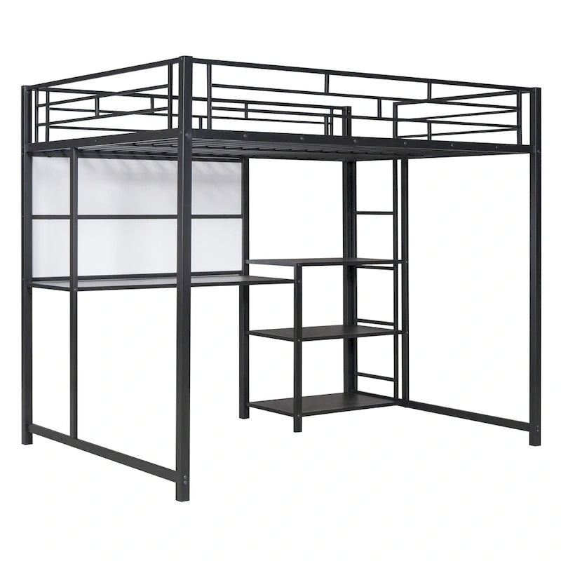 Metal Loft Bed with 3 Shelves and Ladder