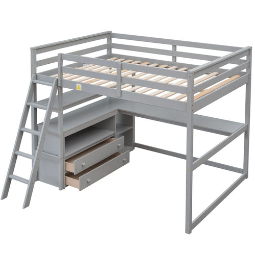 Full Size Loft Bed with Desk and Shelves