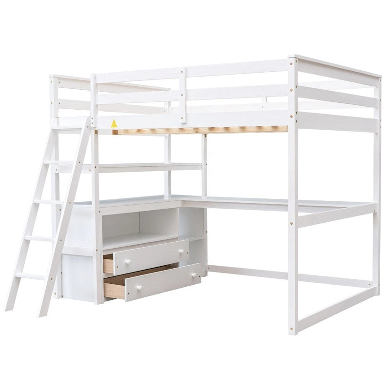 Full Size Loft Bed with Desk and Shelves