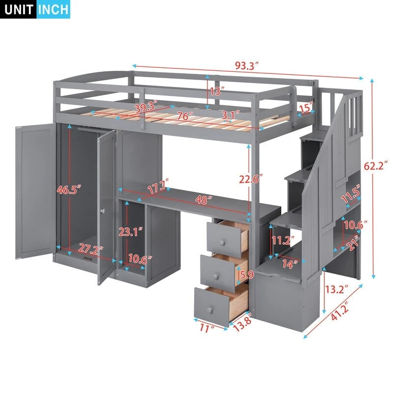 Twin Size Wooden Loft Bed with Wardrobe and Staircase, Desk and Storage Drawers and Cabinet in 1
