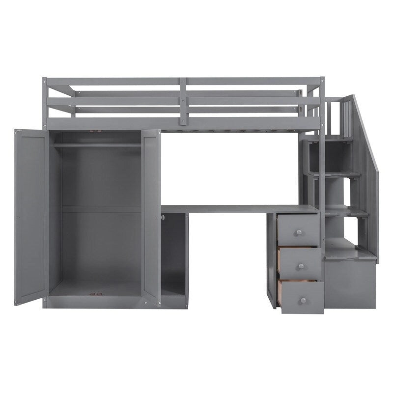 Twin Size Wooden Loft Bed with Wardrobe and Staircase, Desk and Storage Drawers and Cabinet in 1