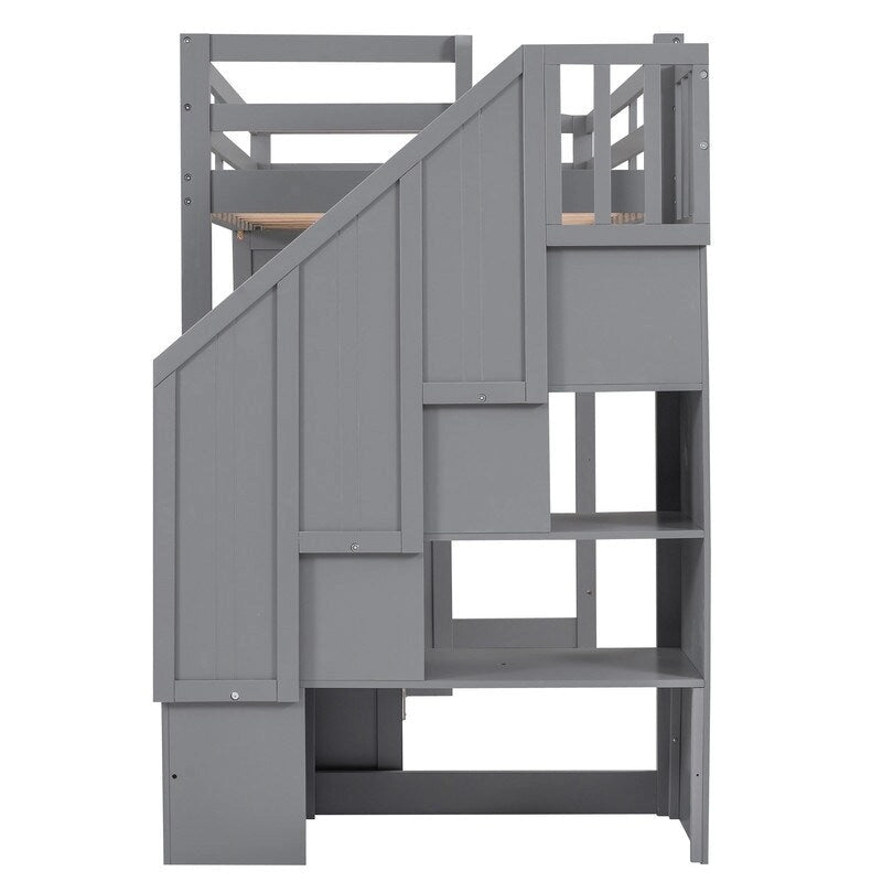 Twin Size Wooden Loft Bed with Wardrobe and Staircase, Desk and Storage Drawers and Cabinet in 1