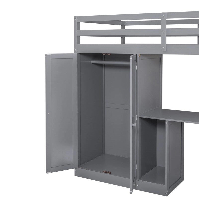 Twin Size Wooden Loft Bed with Wardrobe and Staircase, Desk and Storage Drawers and Cabinet in 1