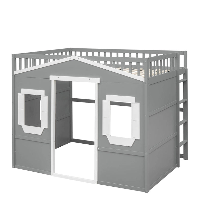 Full Size House Loft Bed With Ladder-Gray