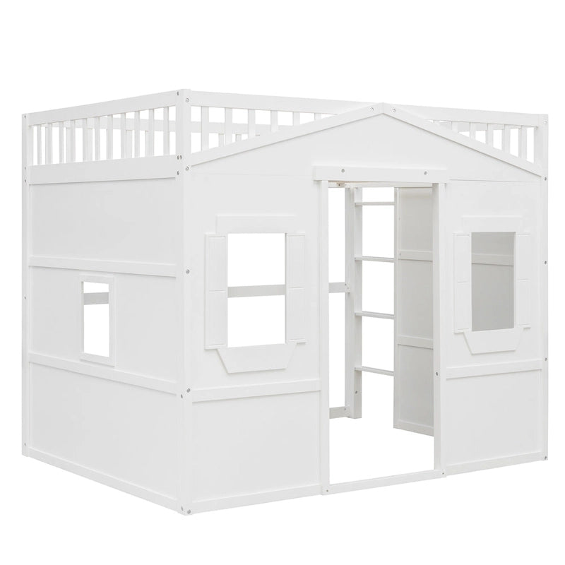 Full Size House Loft Bed With Ladder-Gray