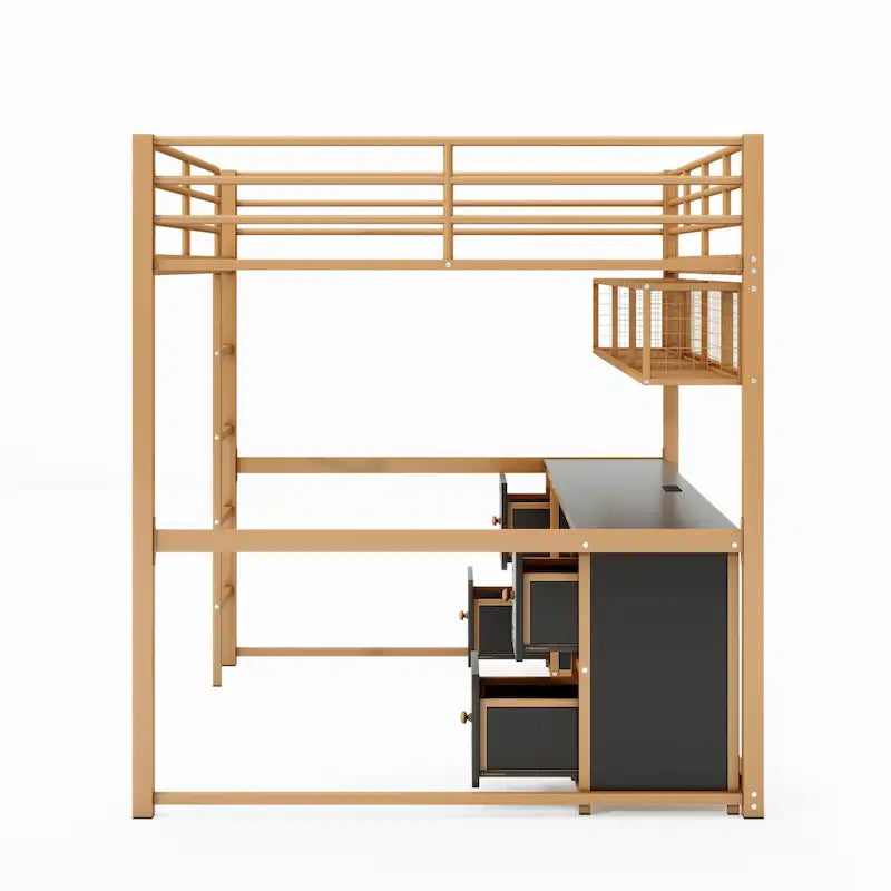 Full Size Metal Loft Bed with Desk, Drawers and Bedside Tray, Charging Station, USB and socket black