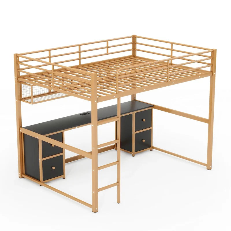 Full Size Metal Loft Bed with Desk, Drawers and Bedside Tray, Charging Station, USB and socket black