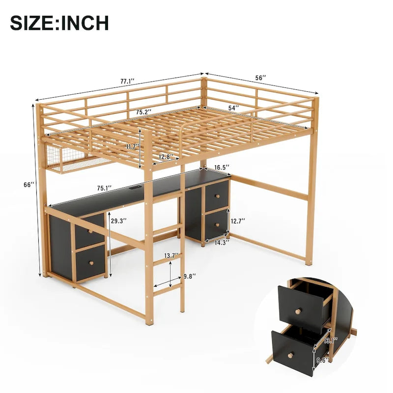 Full Size Metal Loft Bed with Desk, Drawers and Bedside Tray, Charging Station, USB and socket black
