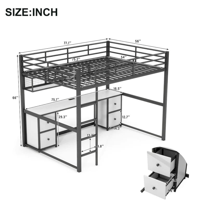 Full Size Metal Loft Bed with Desk, Drawers and Bedside Tray, Charging Station, USB and socket black