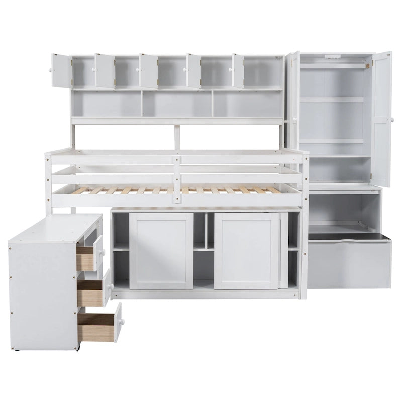 Full Size Wooden Loft Bed Big Storage with Under-bed Desk, with Drawers, with Shelves, Gray