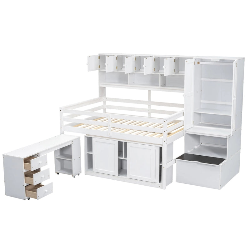 Full Size Wooden Loft Bed Big Storage with Under-bed Desk, with Drawers, with Shelves, Gray