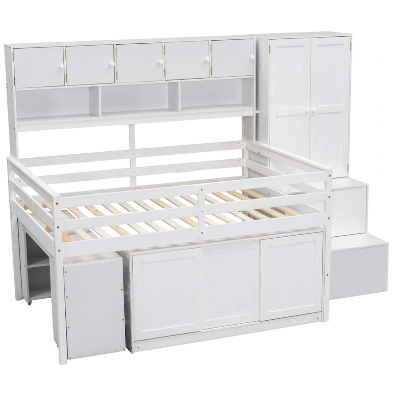 Full Size Wooden Loft Bed Big Storage with Under-bed Desk, with Drawers, with Shelves, Gray