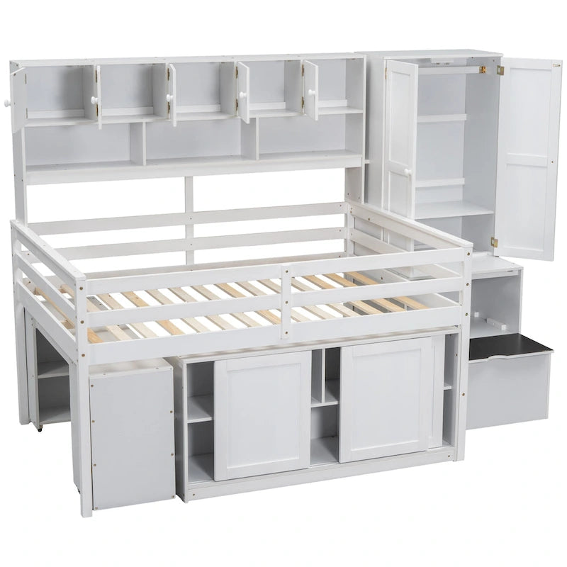 Full Size Wooden Loft Bed Big Storage with Under-bed Desk, with Drawers, with Shelves, Gray