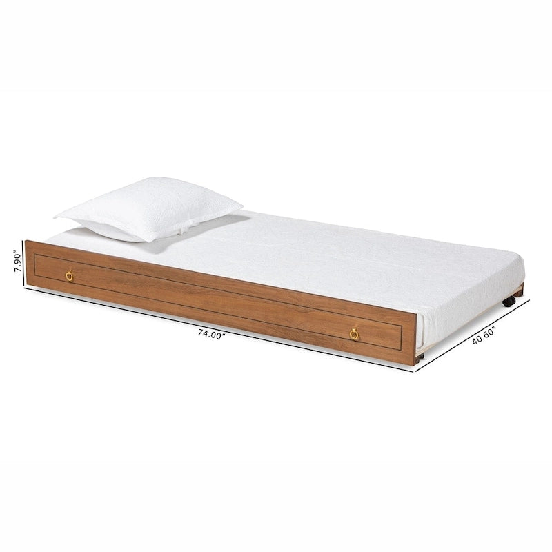 Twin Size Wooden Trundle Bed Frame with Walnut Brown and Gold Tone Metal Ring Pulls