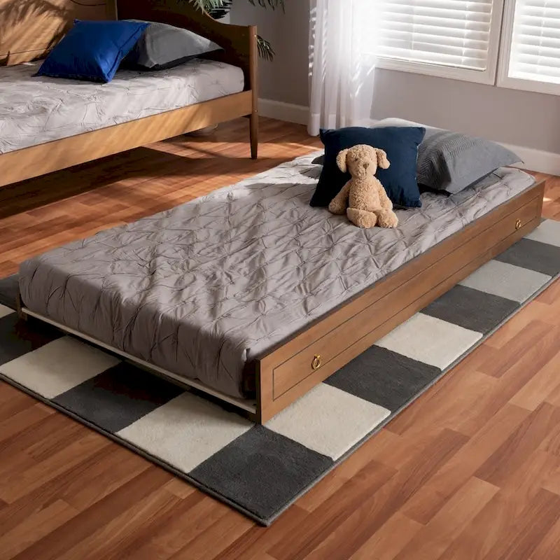 Twin Size Wooden Trundle Bed Frame with Walnut Brown and Gold Tone Metal Ring Pulls