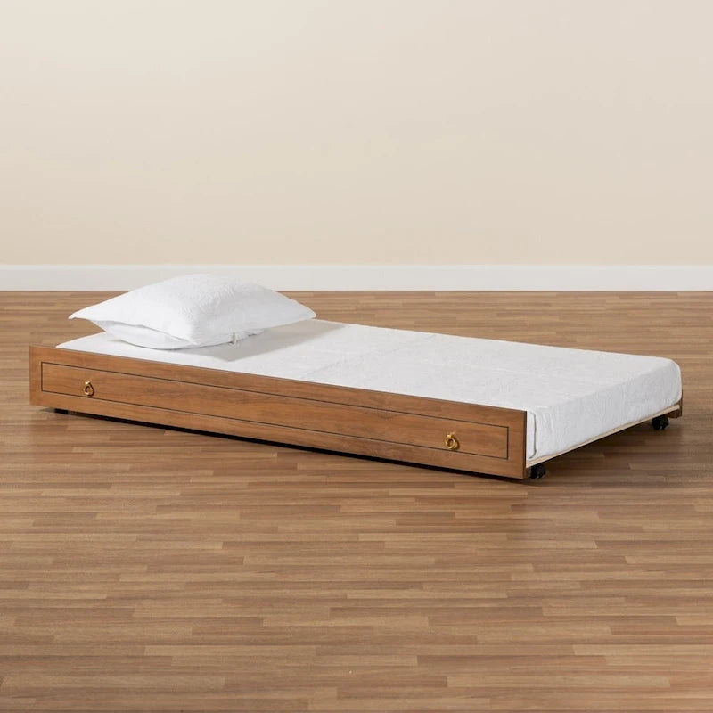 Twin Size Wooden Trundle Bed Frame with Walnut Brown and Gold Tone Metal Ring Pulls
