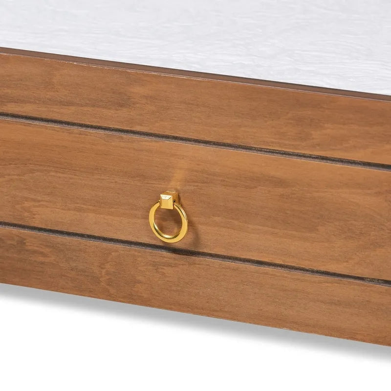 Twin Size Wooden Trundle Bed Frame with Walnut Brown and Gold Tone Metal Ring Pulls