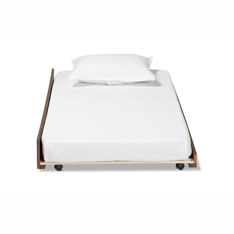 Twin Size Wooden Trundle Bed Frame with Walnut Brown and Gold Tone Metal Ring Pulls