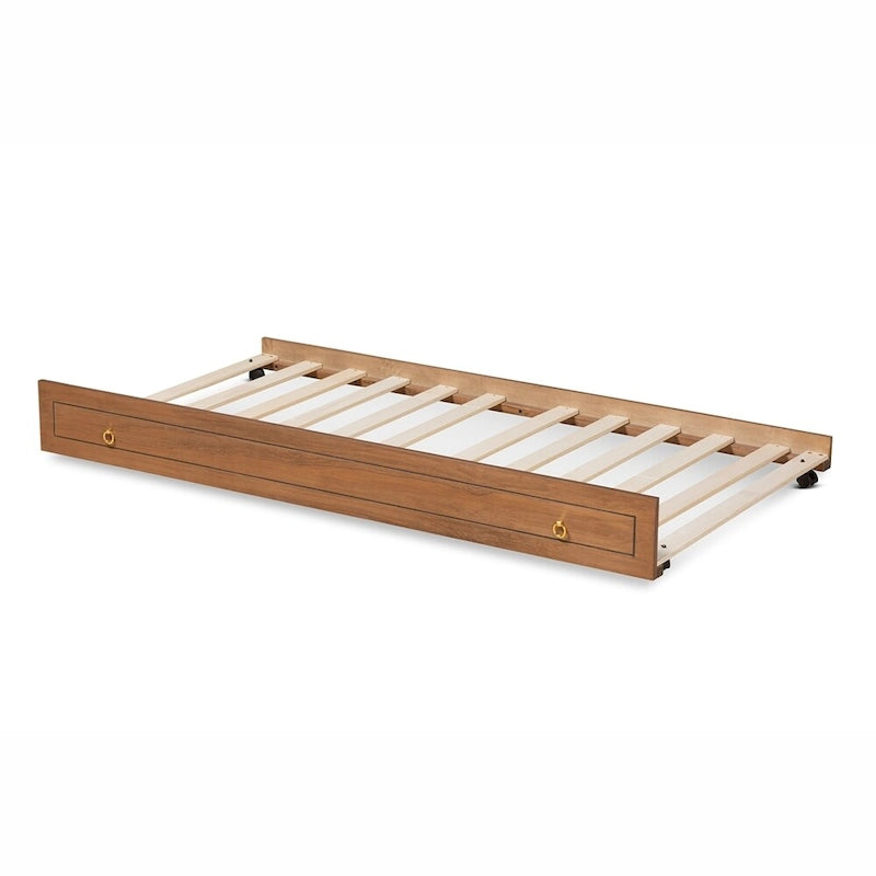 Twin Size Wooden Trundle Bed Frame with Walnut Brown and Gold Tone Metal Ring Pulls